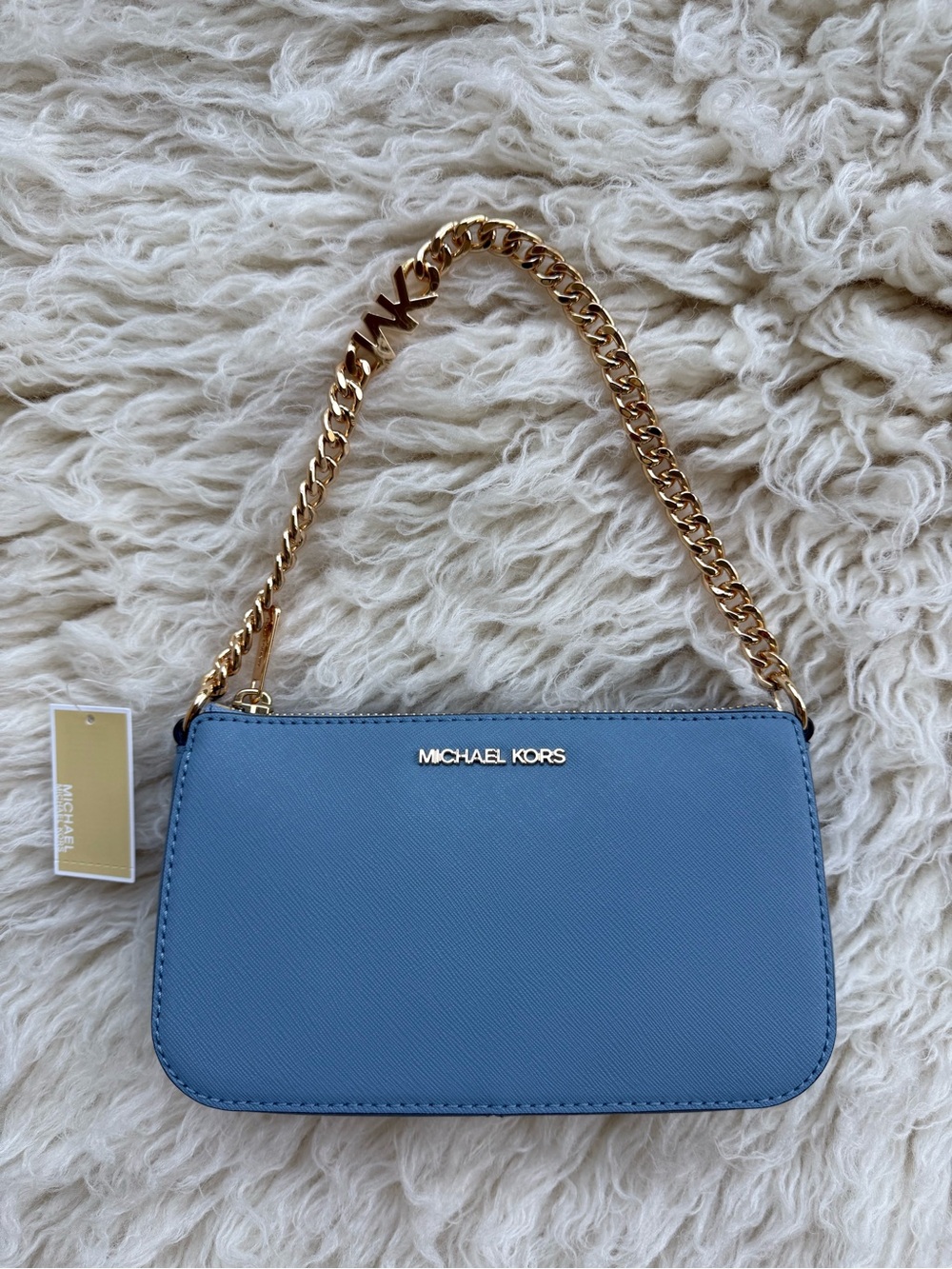 MICHAEL KORS Light Blue Saffiano Leather Chain Wristlet